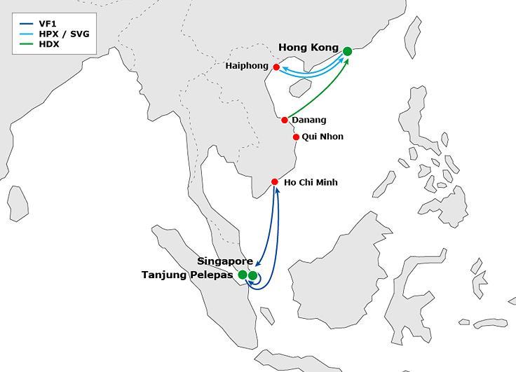 Vietnam Out Bound In Bound Port Preferred Transhipment Hub Mode ETD T/T ETA T/T Ho Chi Minh *Tanjung Pelepas Singapore VF1 Sat 3 2 Fri 2 3 Haiphong