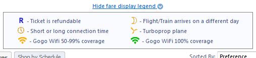 The Gogo Wi-Fi icon will also appear in the details display. The color of the icon indicates the likelihood of having Wi-Fi based on the type of aircraft used by the airline on the specific route.