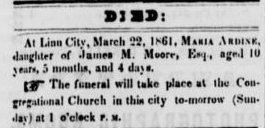 buried Mountain View Cemetery, Oregon City, Oregon m. 1) c1880, J. E. TIBBETS m. 2) Thomas J. COLBERT 3. Clarence L. Moore b. 1845 Illinois d.