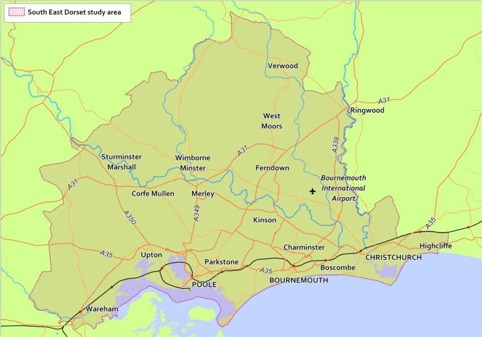 Figure 2.2 The South East Dorset Area Area Population Employment 2011 2020 Growth 2011 2020 Growth Bournemouth 183.5 199.8 9% 83.5 97.2 16% Poole 148.1 161.6 9% 84.6 99.2 17% Christcvhurch 47.9 52.