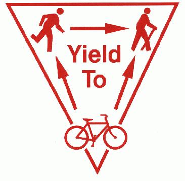 If specific user conflicts are anticipated along certain segments of the trail a yield sign may be needed (e.g. showing bicycles yielding to joggers and hikers, and joggers yielding to hikers see Figure 22).