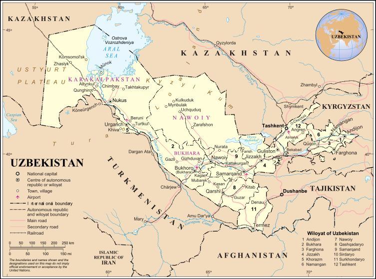 Uzbekistan Key Facts Location: Central Asia - borders with Kazakhstan, Tajikistan, Kyrgyzstan, Afghanistan and Turkmenistan Capital: Tashkent (2.