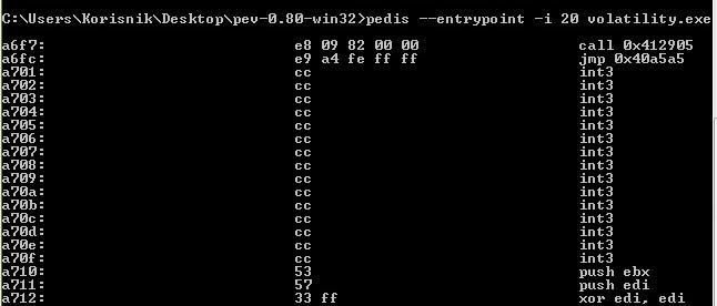 Primjer 5 - pretvorba datoteke u strojni kod Naredba: pedis --entrypoint -i 20