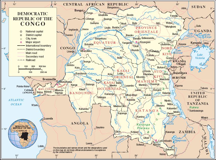 Slika 3.1: DR Kongo Vir: International Crisis Group 2006a. 3.2 Družbeno-geografske značilnosti 3.2.1 Zgodovinsko in politično ozadje 3.2.1.1 Od posesti kralja Leopolda II do Belgijske kolonije Ozemlje, katerega danes poznamo pod imenom DR Kongo, je bilo naseljeno že pred 10.
