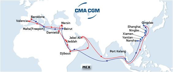 MEX I From EGDAM to Jeddah 3 Djibouti 6 Jebel Ali 11 Port Kelang 21 Qingdao 30 Geographical description : Med,Middle EG-Asia Commercial name : Medi Club