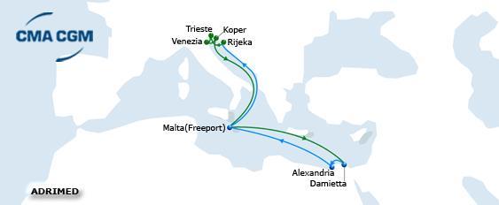 ADRIMEDE N-S North call From EGDAM to Alexandria 1 Malta 3 Rejeka 6 Geographical description : SSLMED ADRIATEC MED EXPRESS Commercial name : India America Express Vsls Fleet: 5 Vessels Total Journey: