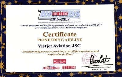 Vietnam which awarded by Ministry of Culture, Sports and Tourism Vietnam Received Best Low Cost Carrier
