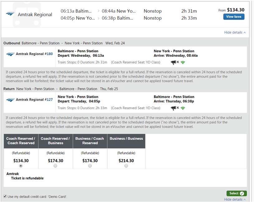 Consider the various availability options, select the type of fare and Select as shown on the right.