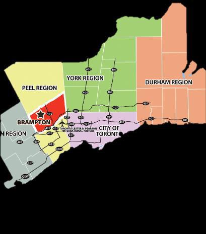 Brampton within the Greater Toronto Area (GTA) 3rd The City of Brampton is located in the Region of Peel and is the largest city in the Greater Toronto Area (GTA) within Ontario, Canada.