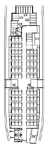 Class (38" Pitch) A= Attendant C= Closet C/L = Cart Lift G= Galley R = Crew Rest S = Storage T =