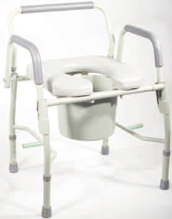 Plastic armrests and back provide extra comfort and support. Comes with 12 qt. commode bucket with carry handle and splash shield. K.