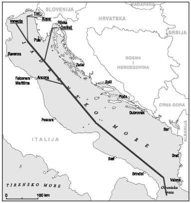 Figure 4. The main crude oil sailing route in the Adriatic (import) Slika 4.