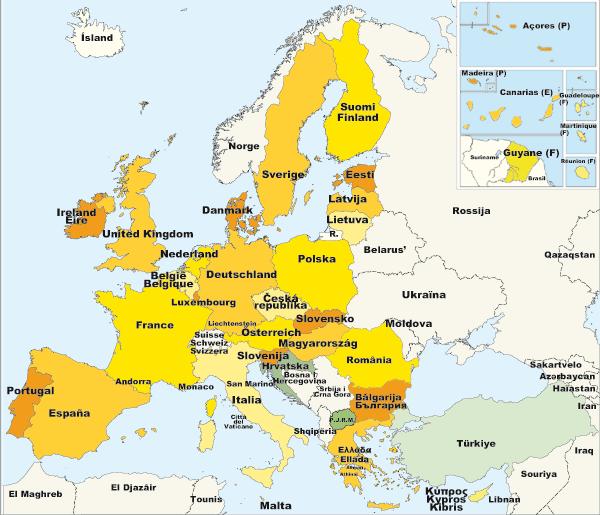 URADNI, DELOVNI, MANJŠINSKI JEZIKI Ob državah Evropske unije napiši ime uradnega jezika, ki se uporablja v posamezni državi. Če ni dovolj prostora, piši pod zemljevidom.
