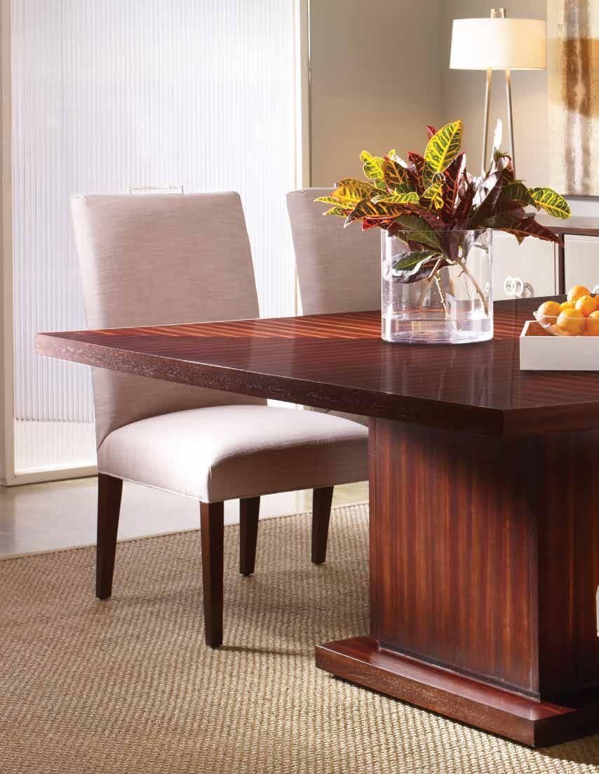 Left to Right: W747T Wyatt Dining Table. Finish: Avery (Artisan). W775S Everhart Side Chairs (4). Fabric: Novum Dove. Finish: New Rich Walnut.