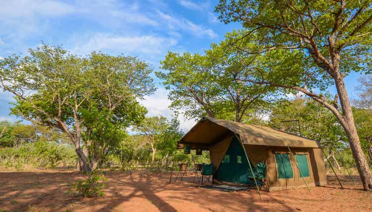 Tents are spacious Meru-style canvas structures with en suite bush bathrooms, bucket showers, and pit latrines.