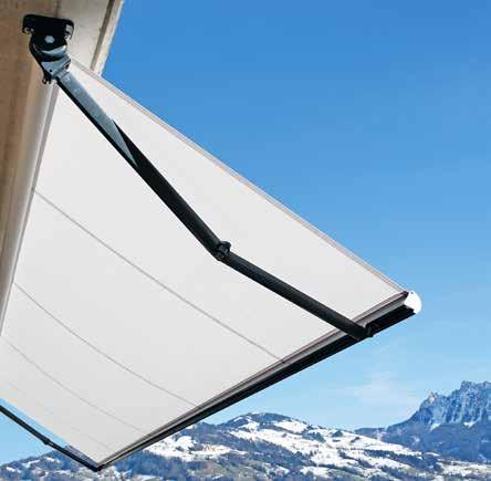 On request, balcony awnings can be motorised, and are available with a wireless radio controller and an electronic sun and wind activated