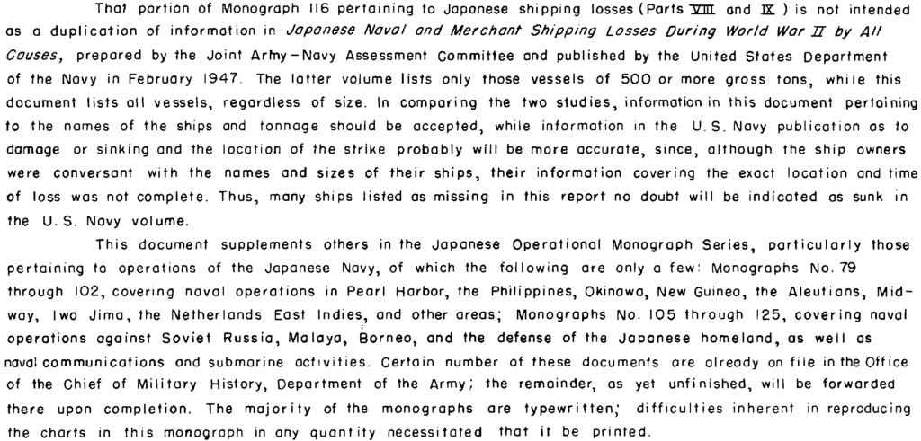 hat portion of Monograph 6 pertaining to Japonese shipping losses (Parts inn and JK ) is not intended as a duplication of information in Japanese Naval and Merchant Shipping Losses During World War U