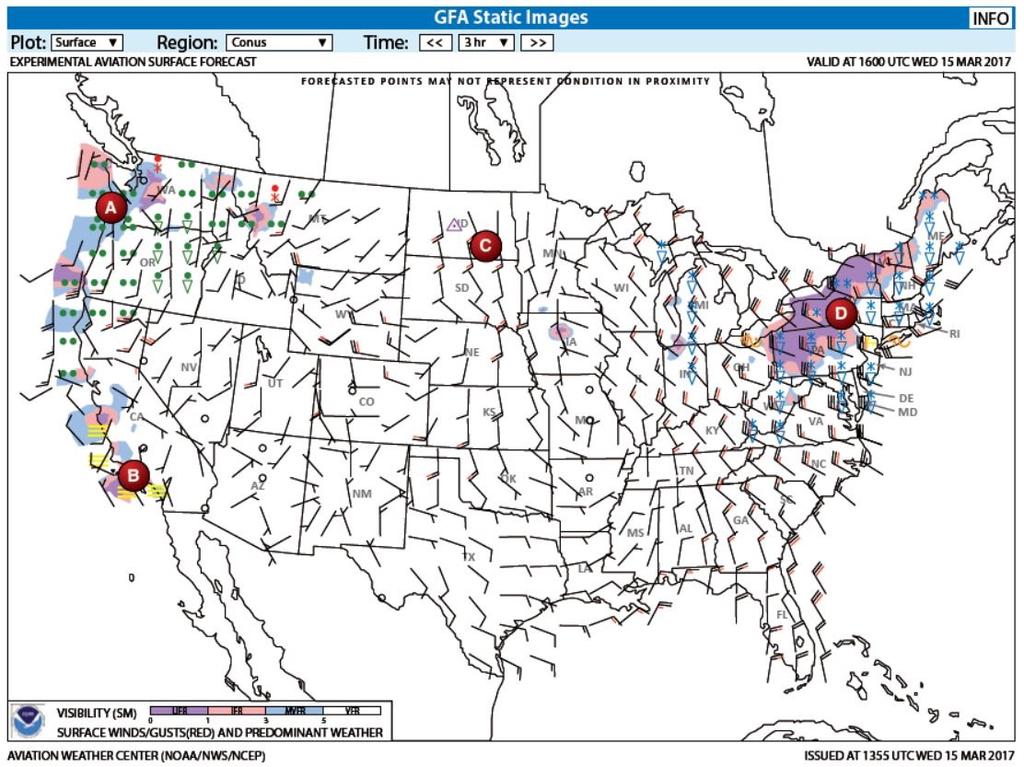 Weather Reports WEATHER REPORTS and SERVICES Graphical Forecasts for Aviation (GFA) To best determine general forecast weather conditions within a flight information region. Example: Continental U.S. (CONUS) Common GFA Symbology The GFA format uses colors and various symbology to depict various weather conditions.