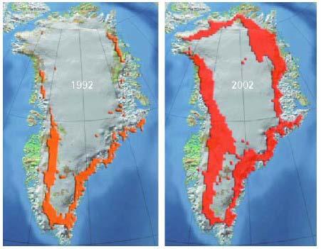 Melting on the Greenland Ice Sheet 2005 The red/orange indicates the extent of melting on the Greenland