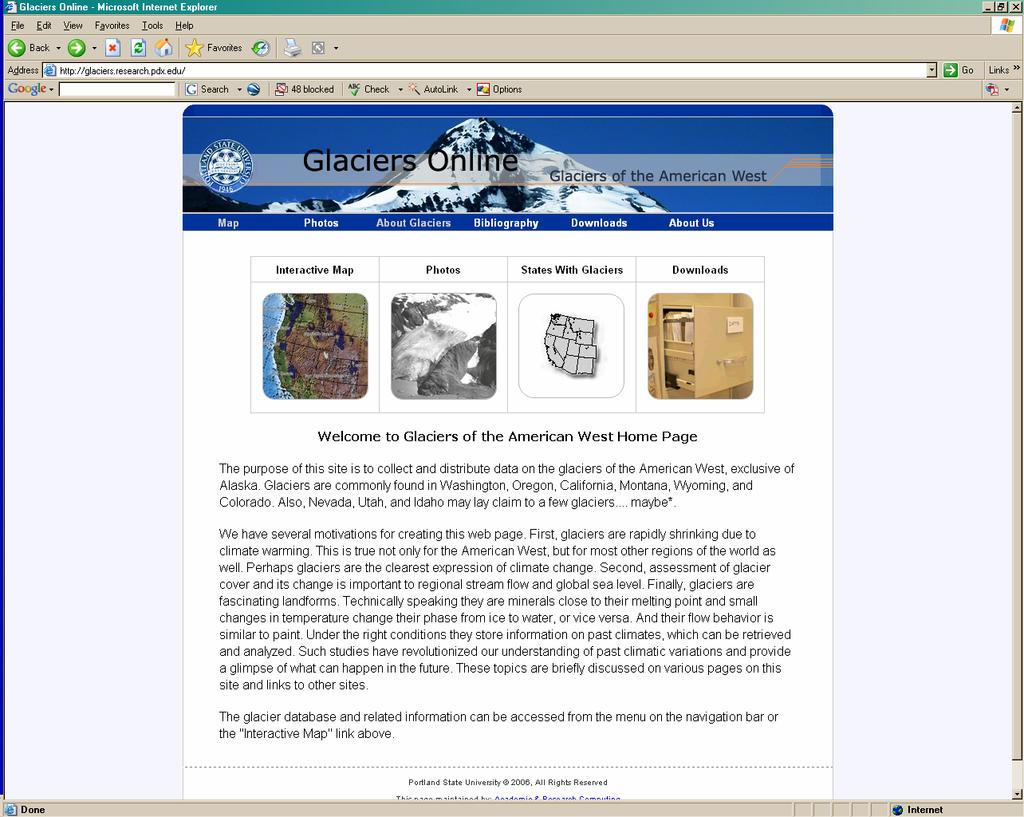 Web page on the glaciers