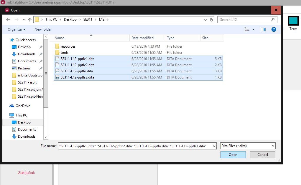 Slika 3.6.2 Opcija "Import DITA files" selektovanje fajlova Korisnik kreira novu lekciju u okviru mdita editora.