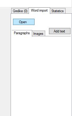 Slika 3.11.1 Unos Word ili PDF dokumenta Editor će obraditi fajl i prikazati izdvojene pasuse teksta i slike koje je moguće jednim klikom ubaciti na odabranu sekciju u editoru.