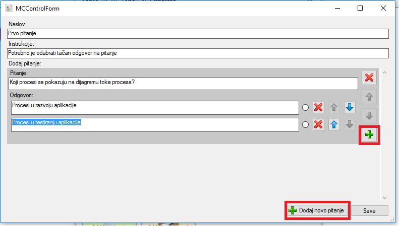 Pored unosa teksta pitanja korisnik može odabrati dugme sa slikom zelenog plusa i dodati odgovor na kreirana pitanja.