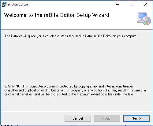 Treći korak je prolazak kroz wizard koji pomaže u instalaciji aplikacije. U ovom koraku, Welcome to the mdita Editor potrebno je kliknuti na dugme Next. (slika 2.4) Slika 2.