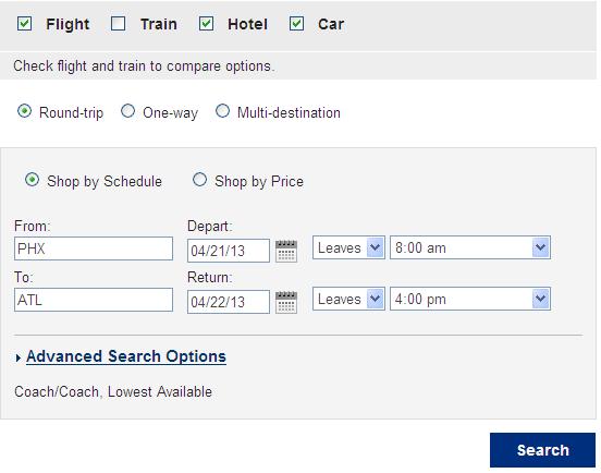 Search Check those trip components you wish to book, and select your trip type. Choose how you want to shop for flights, by schedule or by price (if enabled).