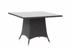 The table has a tempered glass top and a central umbrella hole. Various table sizes are available.