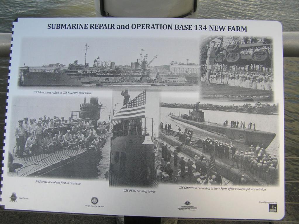 P5140072: Plaque of photos of the USN Submarine Operation & Maintenance Base (Repair Unit 134); the ships, subs & personnel who were based at New Farm,
