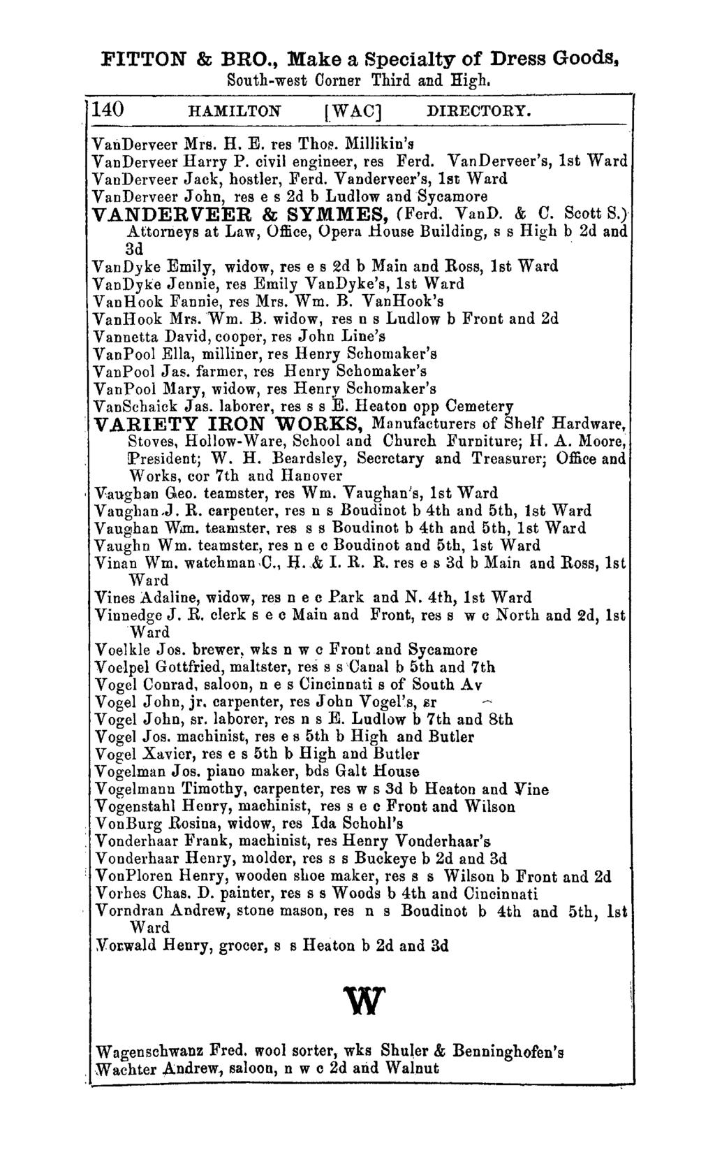 FITTON & BRO., Make a Specialty of Dress Goods, South-west Corner Third and High. 140 HAMILTON I.WAC] DIRECTORY. VanDerveer Mrs. H. E. res ThoEJ. Millikin's VanDerveer Harry P.