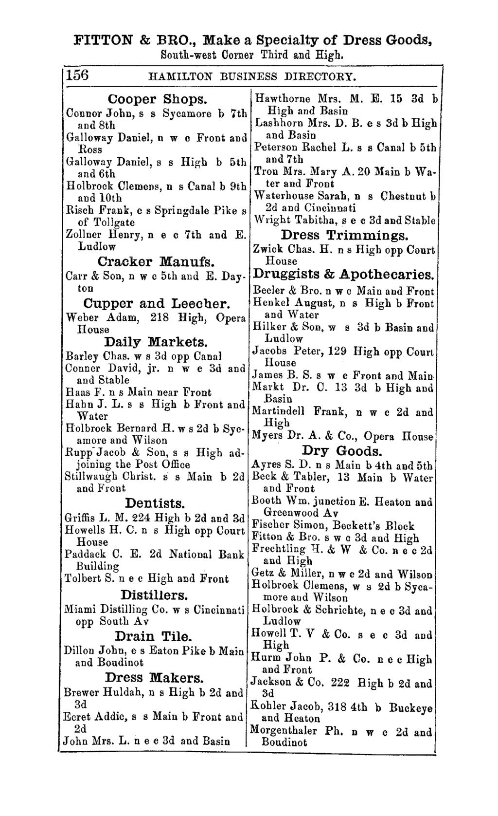 FITTON & BRO., Make a Specialty of Dress Goods, South-west Corner Third and High. 156 HAMILTON BUSINESS DIRECTORY. Cooper Shops. Hawthorne Mrs. M. E.