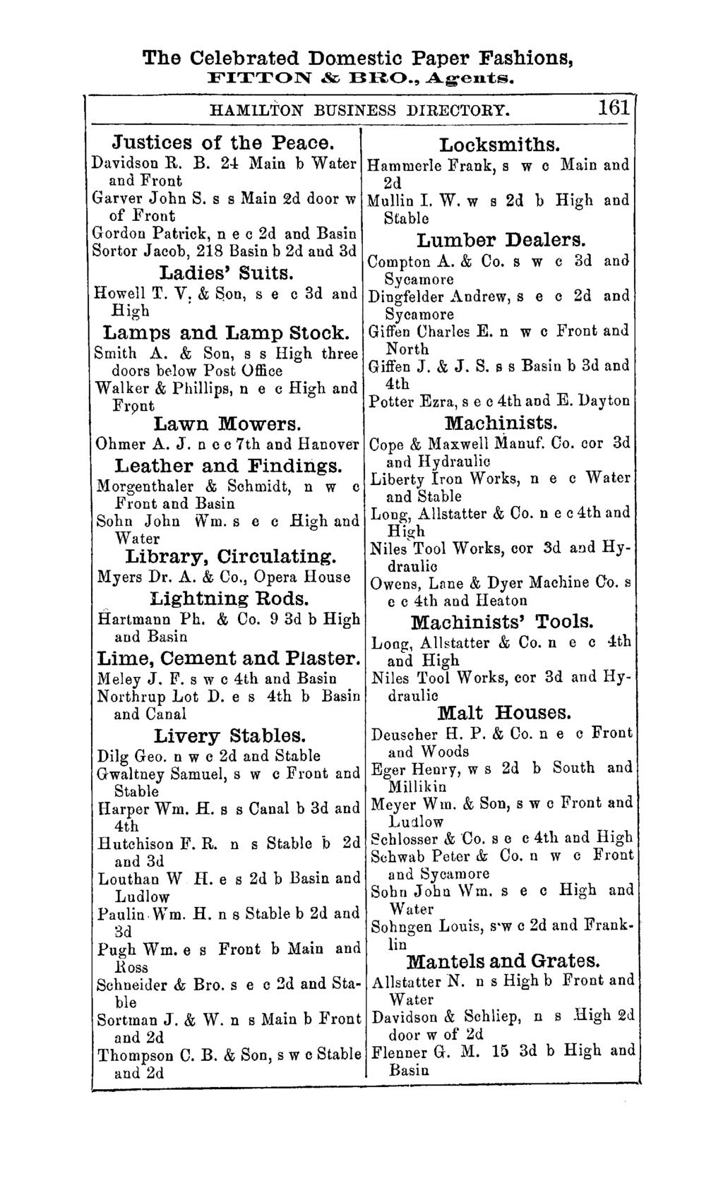 The Celebrated Do.mestic Paper Fashions, FITTON & BRO., Agen"ts. HAMILTON BUSINESS DIRECTORY. 161 Justices of the Peace. Davidson R. B. 24 Main b Water and Front Garver John S.