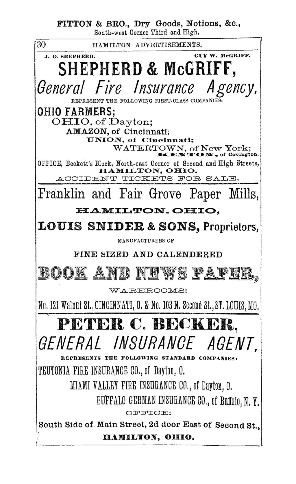 30 FITTON & BRO., Dry Goods, Notions, &c., South-west Corner Third and High. HAMILTON ADVERTISEMENTS. J. G. SHEPHERD. GUY W. McGRIFF.