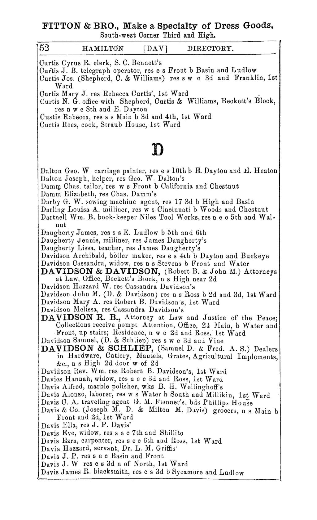 FITTON & BRO.! Make a Specialty of Dress Goods, South-west Oorner Third and High. HAMILTON [DAV] DIRECTORY. Curtis Cyrus R. clerk, S. C. Bennett's Curtis J. B. telegraph operator, res e s Front b Basin and Ludlow CurtiR J os.