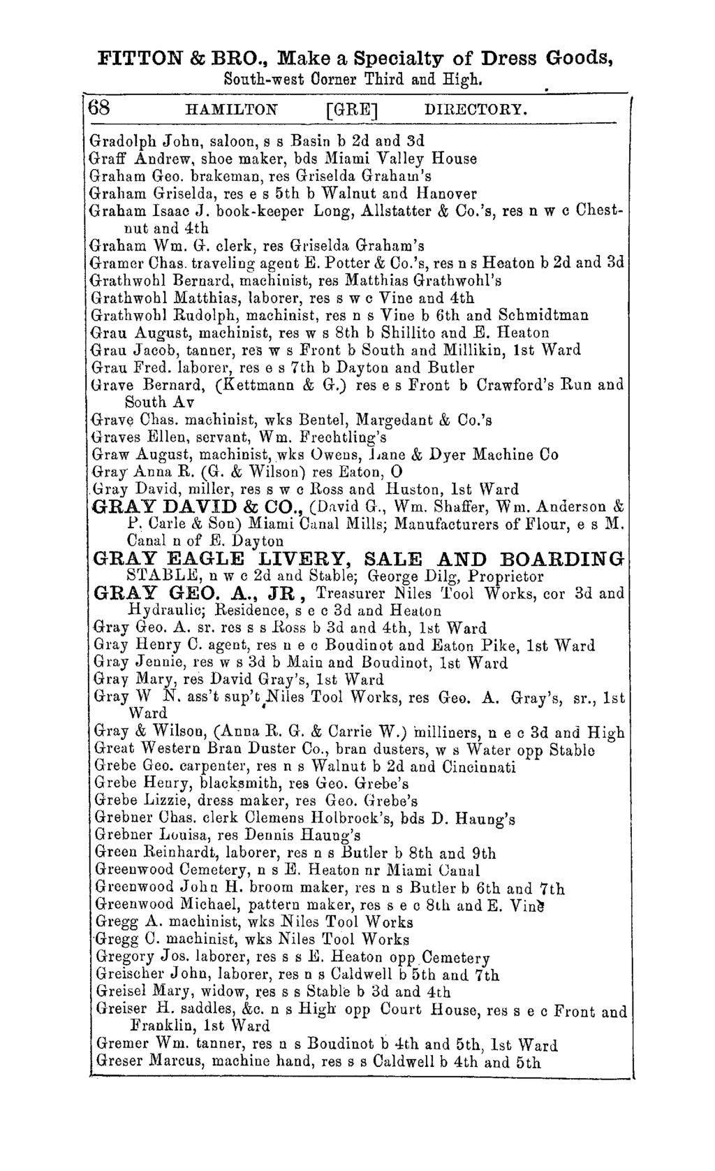 FITTON & BRO., Make a Specialty of Dress Goods, South-west Corner Third and High. 68 HAMILTON [GREJ DIRECTORY.