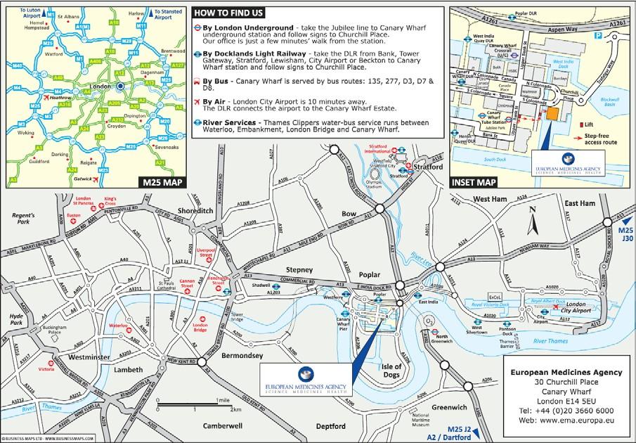 Directions to European Medicines Agency and map of the area By Underground The nearest stop for Churchill Place is Canary Wharf station on the Jubilee Line. From East exit (NB.
