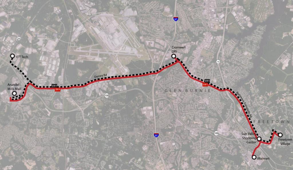 Route 201J Arundel Mills Mall to Freetown Village : Eliminate service to ITT Tech which currently does not generate any ridership because the school has closed (change