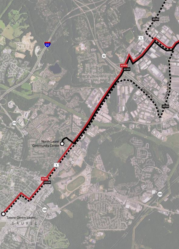 Areas where Route 409A and 409B overlap will experience higher frequencies.