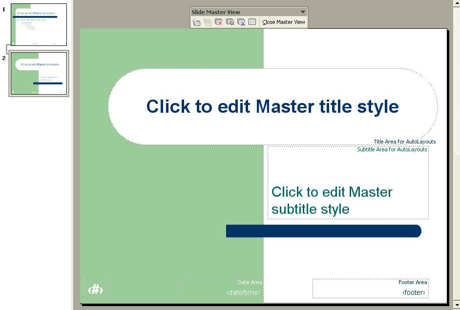 8 MASTER SLIDE (nadzorni slajd, glavni slajd) Master Slide - slajd koji omogućava da se sva oblikovanja koja se izvrše na njemu (boje, tekstovi, grafički i ostali objekti) automatski primjenjuju na