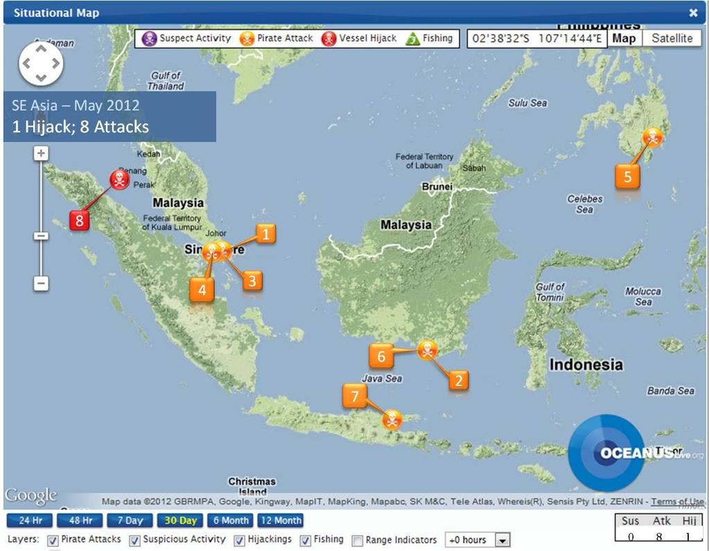 Asia Fig 3: South East Asia South East Asia Piracy and Robbery At Sea May 2012 1 9 May Savvy Singapore Product Tanker 2 10 May Nord Singapore Bulk Express Carrier 3 12 May BS Pacific Singapore (Barge