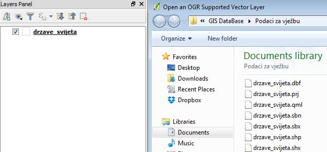 Kod prijenosa slojeva iz baze podataka u QGIS radni dokument nije potrebno učitavati sve datoteke shapefile-a, nego samo jednu od obaveznih datoteka (većinom se odabire.