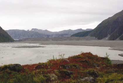 The earlier photograph (left) shows Harvard Glacier at the head of the fiord with Radcliff Glacier, one of its largest tributaries flowing into it at the right of centre, Baltimore Glacier, a
