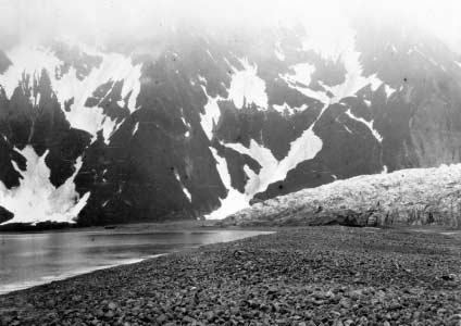The left-hand photograph shows the north side of the then retreating terminus of Pedersen Glacier, grounded on the beach above tidewater.