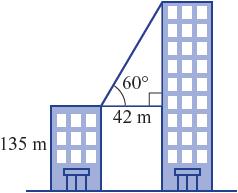 Two vertical buildings are 42 metres apart and the shorter building is 135 metres high.
