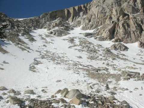 4. In late May 2003, this slope avalanched heavily. The snow reached and covered a section of use trail on the south side of Lower Boy Scout Lake.