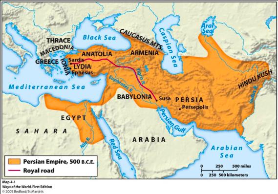 Persian Empire, 500 B.C.E. The Persian Empire was itself formed when Cyrus the Great overtook King Astyages of Media, who dominated much of Iran and eastern Anatolia. Cyrus the great, born in 580 B.C., had military savvy combined with humanist politics.
