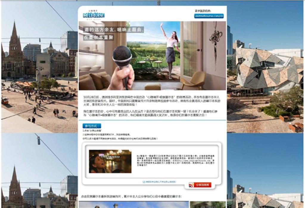 Visit Victoria s China Brand campaign - engaging with the local Chinese community Each week a featured video was uploaded to the dedicated Weibo page.