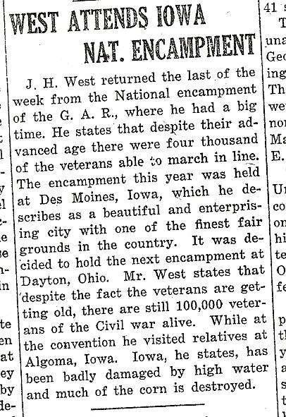 Wisconsin October 14, 1926, Evansville Review, p. 1, col. 4, Evansville, J. H. West -- 1842-1928 J. H. West departed this life at his home